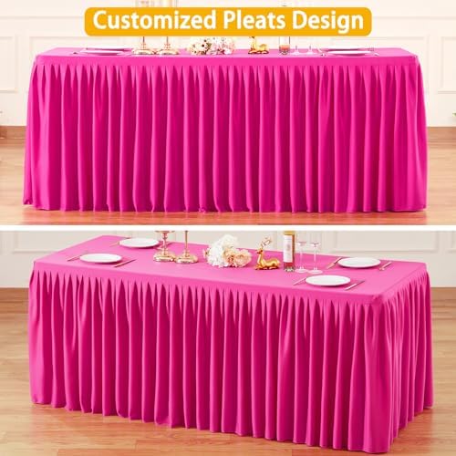 Wish Care Hot Pink Polyester Table Clothes for 8 Foot Rectangle Tables, Wrinkle Free Fitted Table Cover with Pleated Ruffle Table Skirt for Birthday Party Wedding Trade Show Event Display - Image 6