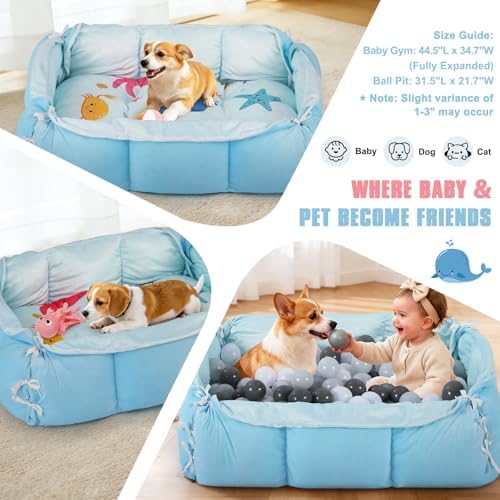 5-in-1 Tummy Time Mat Baby Activity Gym with Cartoon Pattern, Extra Thick Plush Play Floor Mat, Featuring Hanging Toys, Ocean - Image 6