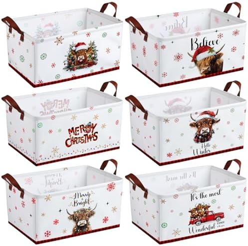 CHENGU 6 Pack Christmas Storage Basket Collapsible Christmas Basket for Gifts Highland Cow Holiday Decor Large Red Truck Bin Foldable Xmas Tree Box with Handle for Bedroom Office Home by CHENGU