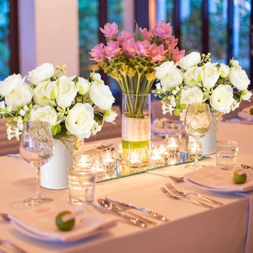 6 Sets Artificial Peonies Flower Peony Bouquet with Galvanized Metal Pot Silk Fake Peonies Faux Flower Arrangements for Wedding Table Centerpiece Party Home Room (White) - Image 6