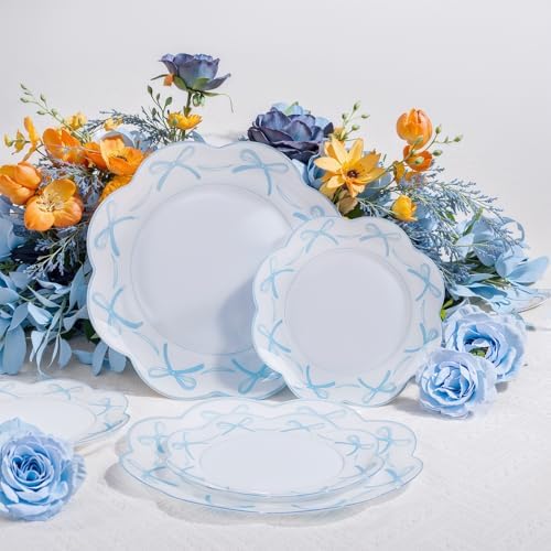 LIYH 60Pcs Blue Bow Scalloped Plastic Plates Set for Bridal Shower Party - Image 2