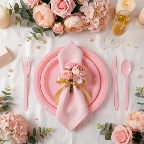 MirthMood 350pcs Pink Plates Disposable,Pink Plastic Plates for Party - Image 2