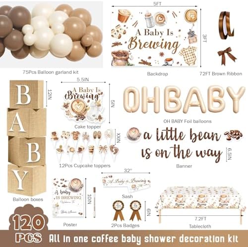 Costova Coffee Baby Shower Party Decorations – 120 Pcs A Baby Is Brewing Party Supplies with Balloon Garland, Banner, Backdrop, Tablecloth, Cake & Cupcake Toppers, Boxes, Badges, Sash, Poster - Image 2