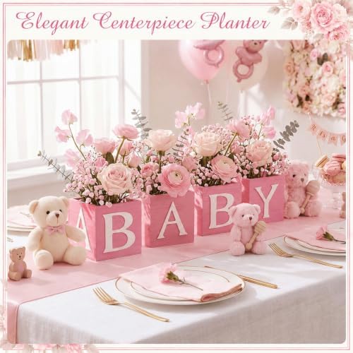 12 Pack Baby Shower Centerpieces for Table, 4'' Pink Wooden Box with Foam - Image 2
