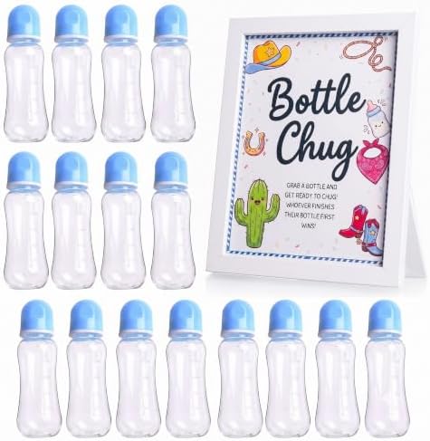 Funny Bottle Chug Baby Shower Drinking Game for 15 Guests, Includes 15 Pack 8.5oz Baby Bottles with Nipples & Standing Wood Framed Sign, Western Cowboy Baby Shower Favors & Party Activities(Blue) by Unknown