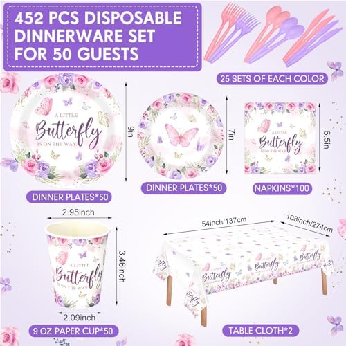 Funnymoom 452 Pcs Butterfly Baby Shower Party Decoration Supplies for 50 - Image 2