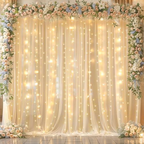 Shillance 20x10ft Champagne Chiffon Backdrop Curtain with Lights String for Wedding Sheer Tulle Curtain Photo Backdrops Drapes for Baby Shower Birthday Party Ceremony Decorations by Shillance
