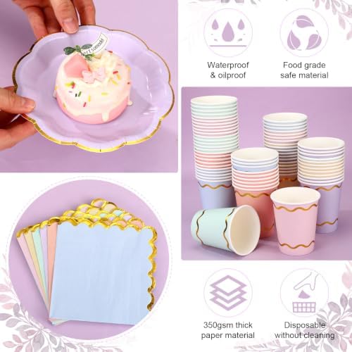 Yungyan 216 Pcs 72 Guest Pastel Paper Plates and Napkins Sets Pastel Party Supplies Gold Foil Scalloped 6" Plates 9 oz Cups Disposable Tableware Set for Birthday Wedding Baby Shower Supplies - Image 4