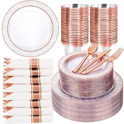 Ciaell 350 Piece Rose Gold Plastic Plates for Weddings Parties by Ciaell