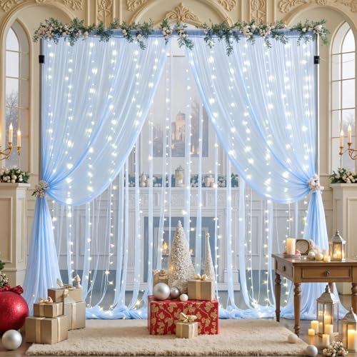 10ft x 10ft Baby Blue Tulle Photo Backdrop Curtain with Lights String for Parties Wedding Sheer Blue Curtain Backdrop for Birthday Party Baby Shower Boy Photo Booth Photography Background Decorations - Image 5