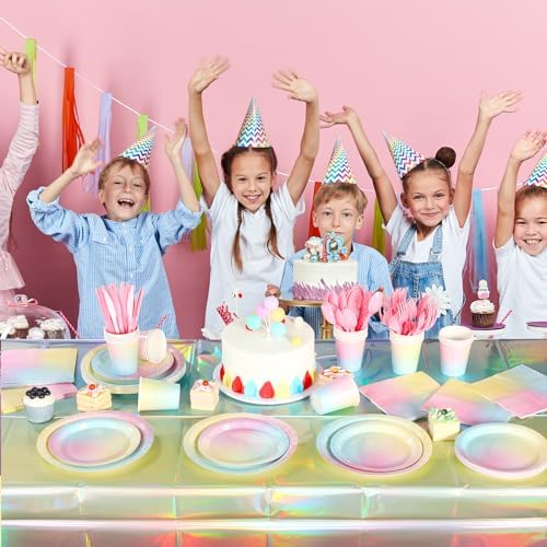 Iridescent Pastel Rainbow Party Decorations - Serve 50, Holographic Pastel Paper Plates and Napkins, Disposable Iridescent Rainbow Plates, Cups, Napkins for Girls Birthday, Wedding, Baby Shower - Image 7