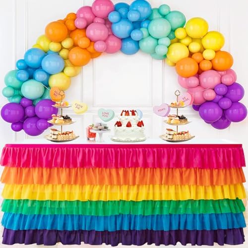 Pufogu BrightRainbow Tulle Table Skirt 9ft Tutu Ruffled Chiffon Tablecloth For Rectangle Wedding Baby Shower Girls Birthday Party and Cake Dessert Table Decorations(BrightRainbow, L9(ft), H30in) by Pufogu