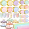 Yungyan 193 Pcs 48 Set Pastel Party Supplies, Gradient Rainbow Party Plates and Napkins Set with Tablecloth, Disposable Handle Teacups and Saucers for Birthday Wedding Bridal Shower Decorations by Yungyan