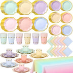 Yungyan 193 Pcs 48 Set Pastel Party Supplies, Gradient Rainbow Party Plates and Napkins Set with Tablecloth, Disposable Handle Teacups and Saucers for Birthday Wedding Bridal Shower Decorations by Yungyan