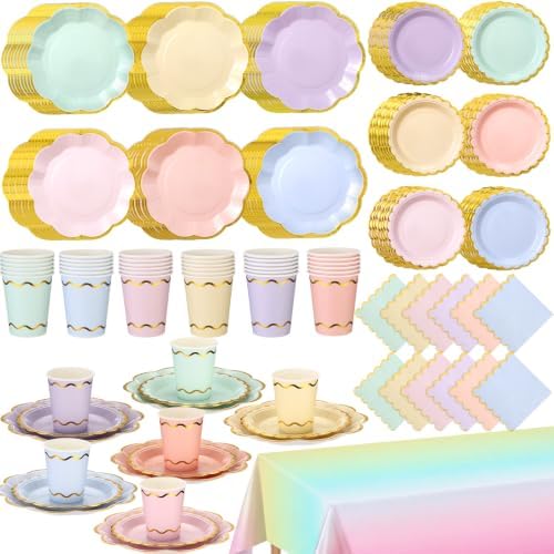 Yungyan 193 Pcs 48 Set Pastel Party Supplies, Gradient Rainbow Party Plates and Napkins Set with Tablecloth, Disposable Handle Teacups and Saucers for Birthday Wedding Bridal Shower Decorations by Yungyan