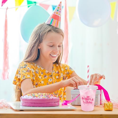 Whaline 50 Pcs 12 Oz Happy Birthday Disposable Plastic Cups with Lids and Straws Hot Pink Cold Beverage Drinking Cups for Home Kitchen Birthday Party Supplies - Image 5