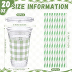 Funnymoom 50 Sets 20 oz Sage Green Gingham Plastic Cups with Lids & Straws - Image 2