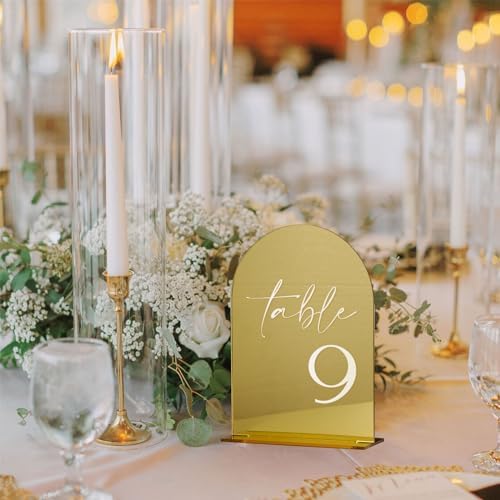 HOODO Gold Mirror Acrylic Wedding Table Numbers 1-15 with Stands, 5"x7" Arched Acrylic Sign and Holder, Gold Mirror Arch Table Numbers for Wedding Reception, Party, Anniversary, Event - Image 6