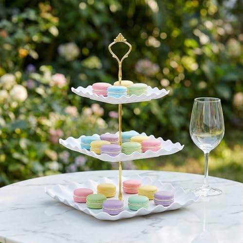 FUNSUEI 10 Pcs Dessert Table Display Set with 4 Lace Square 3-Tier Cake Stands and 6 Appetizer Trays, White Serving Trays and Display Stands for Birthday Wedding Tea Party Baby Shower - Image 7