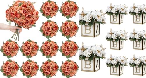 12 Bundles Peonies Artificial Flowers & Pack of 8 Baby Shower Centerpieces for Tables by SEKNHOP
