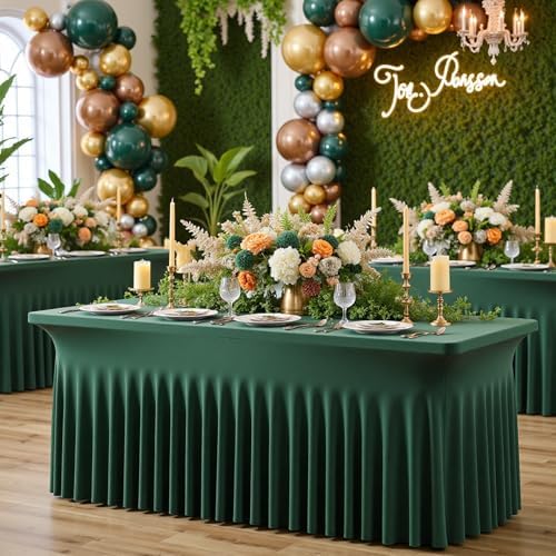 6 pk Hunter Green Spandex Tablecloth 8ft With Ruffle Table Skirt, Wrinkle Free Stretchy Fitted Tablecloths for 8 Foot Rectangle Tables, Elastic Spandex Table Covers for Weddings Parties Banquet Craft - Image 3