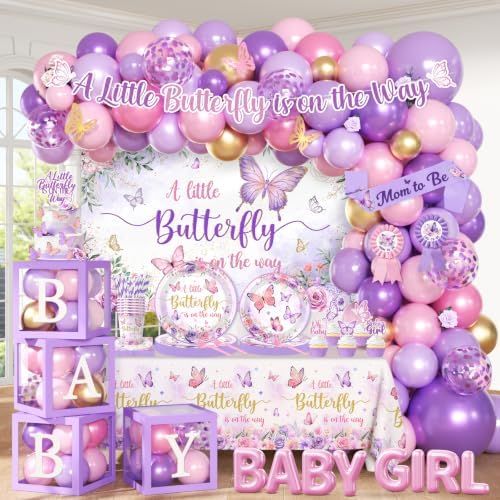 Butterfly Baby Shower Decorations for Girls A Little Butterfly Is On The Way Disposable Paper Plates,Balloons Arch,Napkin,Cake Topper,Backdrop for Pink Purple Butterfly Baby Shower Party Supplies by Unknown