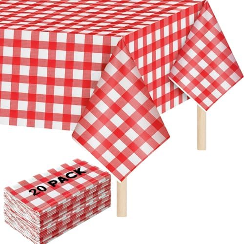 Mindsoft 20 Pack Gingham Party Tablecloth, 54 x 108 Inch Plastic Waterproof Heckered Disposable Plaid Party Tablecover for Picnic Birthday Baby Shower Bridal Wedding (Red Checkered) by Mindsoft