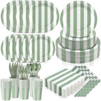 Mimorou 350 Pcs Sage Green and White Striped Party Tableware for 50 by Mimorou