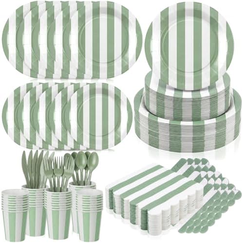 Mimorou 350 Pcs Sage Green and White Striped Party Tableware for 50 by Mimorou