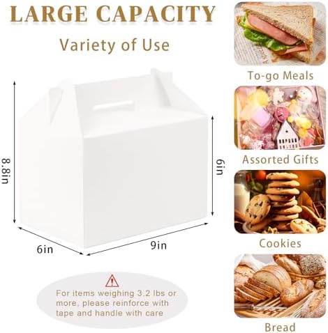 TryDrem 50Pack Large Gable Boxes with Handles, 9x6x6 Inch Spacious Capacity Party Favor Boxes, White Treat Box for Gifts, Bread, Cookies, Lunch, Bakery, Wedding, Birthday, Picnic - Image 2