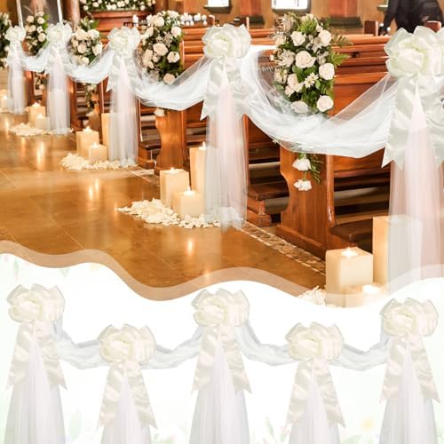 12 Pcs Large Wedding Pew Bows Ivory White 15.7" x 7.9" Satin Bow with 98.5 ft Fabric Tulle Church Chair Ceremony Aisle Decor for Wedding Dress Bowknot Bridal Shower Birthday(Pull Bow) - Image 5