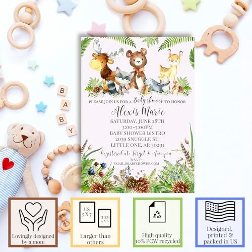 Amanda Creation Custom Baby Shower Invitations, 20 Personalized 5x7 Woodland Baby Shower Invites with White Envelopes, Customizable Forest Animal Design - Image 2