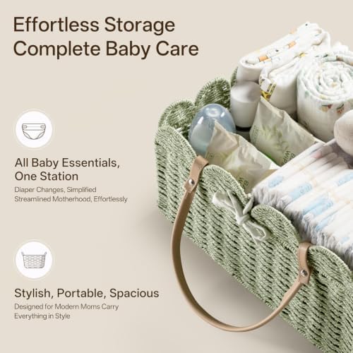 HBlife Large Baby Diaper Caddy, Paper Rope Scalloped Storage Baskets Nursery Bin with Removable Divider, Portable Car Organizer for Diapers, Baby Shower Gifts, Newborn Essentials Must Haves, Green - Image 4