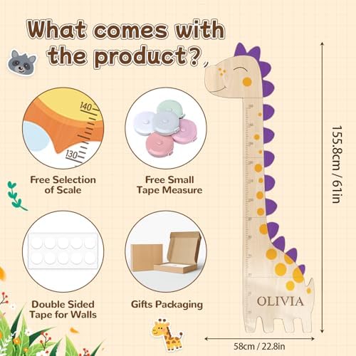 Personalized Wooden Dinosaur Growth Chart Ruler, Custom Height Chart for Boys Girls, Nursery Wall Decor Kids Growth Ruler，Kids Measuring Chart for Wall - Image 2