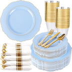Liacere 350PCS Blue Plastic Plates - Disposable Blue and Gold Plates 50guest Baroque Plastic Dinnerware include 100Plates, 50Pack Pre Rolled Napkins with Silverware 50Cups for Wedding&Party by Liacere