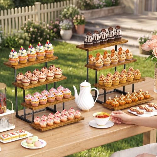 Emfogo Wooden Cupcake Display Stand, 4 Tier Rectangular Tiered Dessert Stands, Dessert Table Display Set for Vendor Booth Party Large Cup Cake Tower for Cup Cake Cookie Food (2 Pack) - Image 3