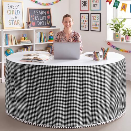 Tudomro Teacher Desk Skirt Table, Tassel, 9ft, Black and White Gingham - Image 3