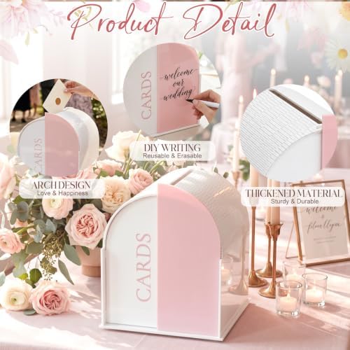 White Arched Wedding Card Box with Pink Standee & Erasable Pen for Party - Image 4
