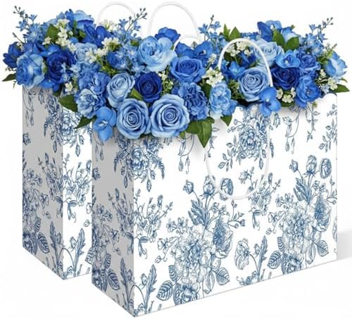 Kolldenn 24 Pcs Blue Floral Gift Bags with Handles, 16x6x12 In by Unknown