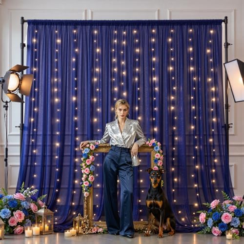 20x10ft Navy Blue Tulle Backdrop Curtains with Lights String for Parties,Wrinkle Free Sheer Curtain with Lights Wedding Photo Backdop Drapes for Baby Shower Birthday Party Photography Home Decorations - Image 5