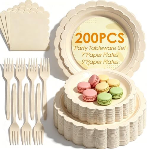 200Pcs Ivory Paper Plates and Napkins Party Supplie, Scalloped Tableware Set Serves 50 Guests, Paper Plates Forks Cocktail Napkins for Bridal Shower Baby Shower Wedding Birthday Party by TKSDWBLTY