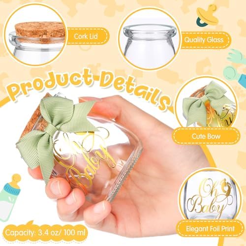 Funnymoom 24 Sets Baby Shower Bottles Favors for Guests Glass 100 ml Milk Jar with Ribbons and Stickers Decorations for Gender Reveal Newborn Centerpiece Party Favor(Sage Green,Baby) - Image 4