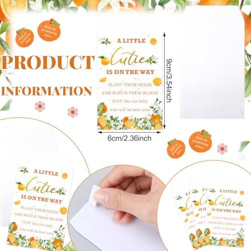 Ctosree 50 Sets Cutie Baby Shower Party Favors for Guests A Little Cutie Is on The Way Seed Packets Include Self Adhesive Seed Packets Flowerpot Thank You Tags Organza Bags for Orange Baby Shower - Image 4