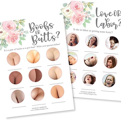 Hadley Designs 25 Floral Love or Labor, Boobs Or Baby Butts Game, 25 Who Knows Mommy Best, Baby Prediction and Advice Cards, 25 True Or False, Word Scramble-6 Double Sided Cards for Baby Shower - Image 3