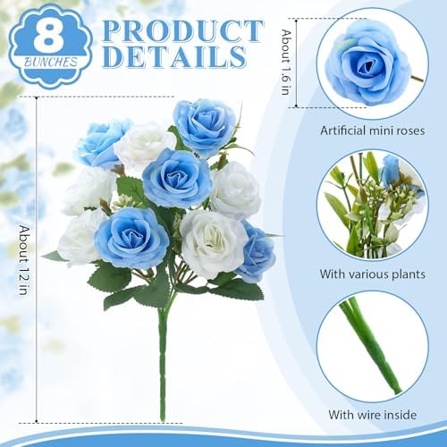 Zeyune 8 Pack 12 Inch Artificial Rose Bouquet, Blue and White - Image 2