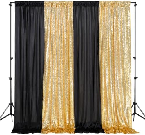 Party Backdrop Curtain 10ftx10ft - Gold Sequin and Black Satin Drapes by SoarDream