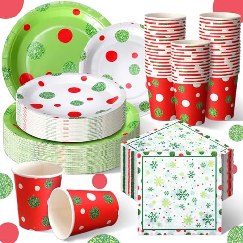 Hsei 250 Pcs Christmas Green Disposable Plate Napkin Tableware Set by Hsei