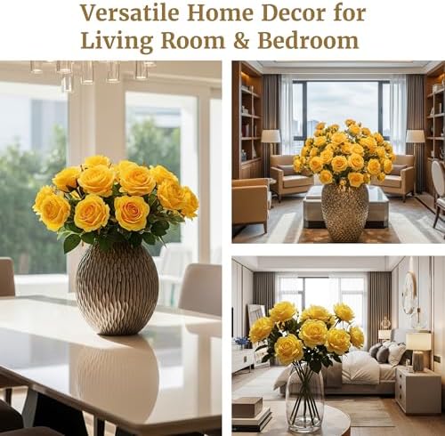 Auihiay 60PCS Yellow Roses Bulk, Yellow Velvet Silk Fake Roses - Image 5