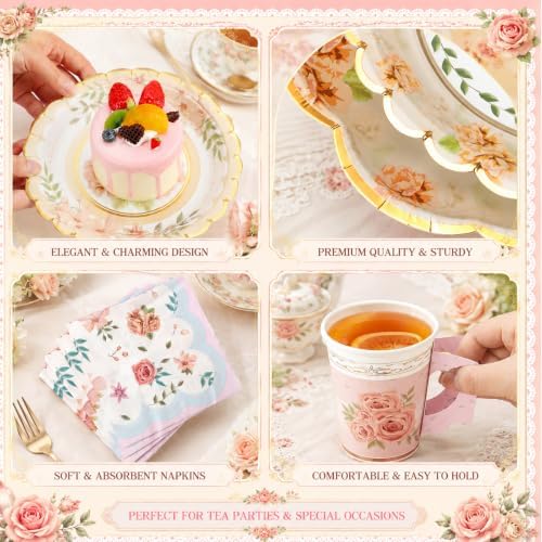 Yungyan 145 Pcs 36 Set Floral Tea Party Supplies, Tea Party Plates and Napkins Set with Tablecloth, Disposable Handle Teacups and Saucers for Birthday Wedding Bridal Shower Decorations(Sweet Style) - Image 5