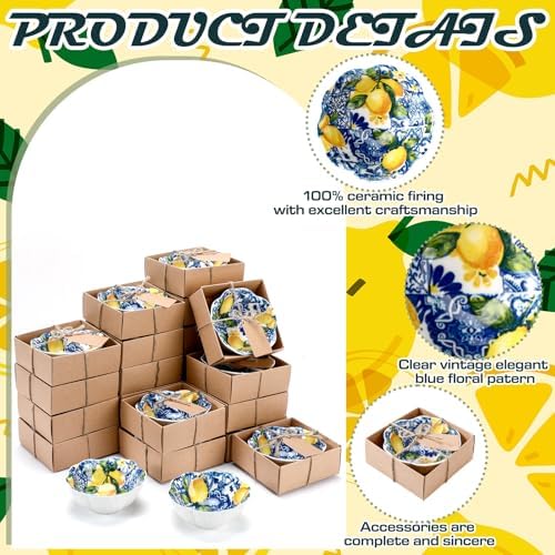 SiliFine 24 Pcs Capri Lemon Party Favors for Guests Small Ceramic Bowl Bulk Gifts Set 3.3 Inch Floral Design Mini Dipping Sauce Dish with Card Box for Bridal Pooja Baby Shower Birthday Guest Gift - Image 3